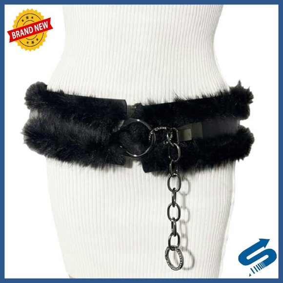 Faux Fur Leather Wide Belt Adjustable Chain Y2K Punk Grunge